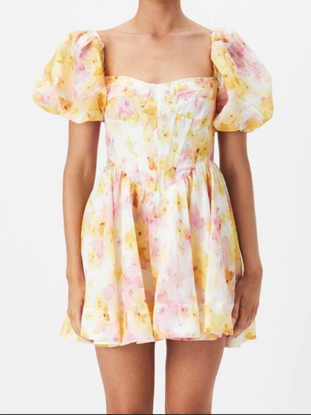 New BARDOT Kiah Floral Print Boned Corset Puff Sleeve Minidress In Pink Yellow L - Picture 2 of 16